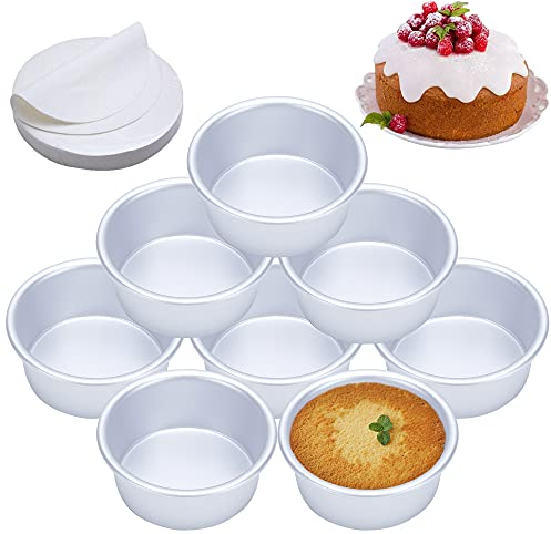 AWTBDP 4 Inch Cake Pan Set of 8, Anodized Aluminum Round Cake Pans with 100 Pcs Parchment Paper Tins Baking Pan for Cheese Cake, Pizza, Quiche, Non Toxic, Leakproof, Easy Pop Out