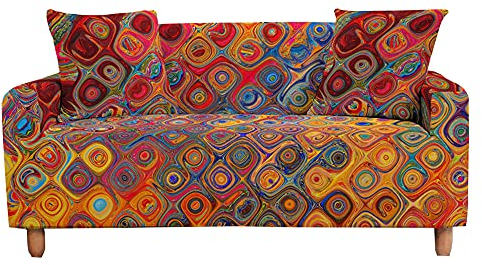 FANSU 3D Bunt Abstrakt Bedruckte Sofabezug mit Armlehnen, Stretch Antirutsch Sofabezug 1/2/3/4-Sitzer, L Form Sofabezug/Couchbezug/Sesselbezug für Haus Dekoration (Orange,3 Sitzer)