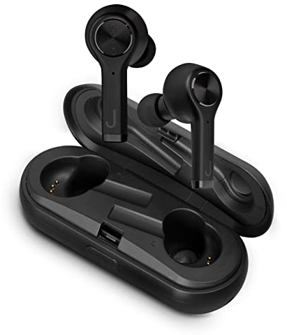 JAZ SBS Auricolari True Wireless Stereo NOTE, cuffiette in metallo per musica e chiamate, auricolari neri con comandi touch, base di ricarica, archetti in silicone, cavo USB-C per ricarica inclusi