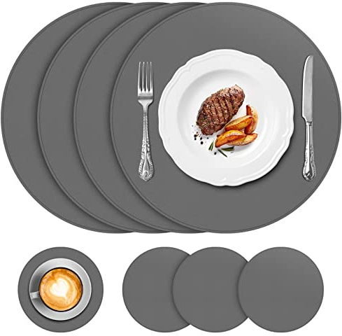 APLKER Platzsets Leder 4er Set, 33cm Tischsets Abwaschbar Lederoptik Kunstleder Wasserdicht Platzdeckchen und Untersetzer für Küche Speisetisch, Dunkelgrau