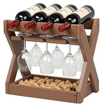 TORVA Botellero de encimera, Estanterías para Vino, Botellero pequeño para 4 Botellas y 6 Copas, Plástico reciclable PE de Alta Densidad, Color Amarillo Marrón