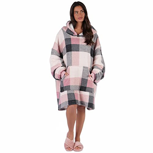 Dreamscene Winter Check Hoodie Blanket Oversized Sherpa Fleece Wearable Soft Warm Cosy Thermal Throw Blanket for Adults