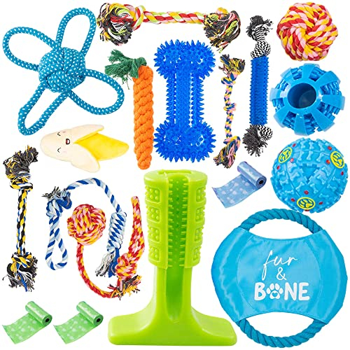 Fur & Bone Dog Chew Toys (18-Pack) - Puppy Toys for Boredom - Indestructible Rope & Squeaky Teething Toys for Small & Medium Dogs