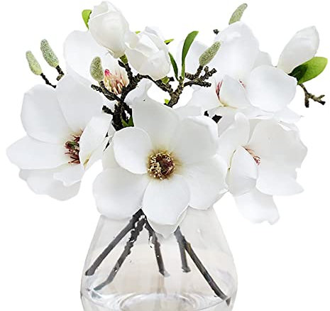 Paquete de 5 flores artificiales de magnolia de seda realista con hojas verdes, ramo de magnolia de tacto real para boda, hogar, oficina, mesa, centro de mesa