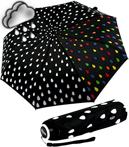 iX-brella Mini Ultra Light – Paraguas de bolsillo para mujer con gran techo – extra ligero, Cambio de color - gotas de lluvia, Taschenschirm Handöffner, Abrebotellas de mano