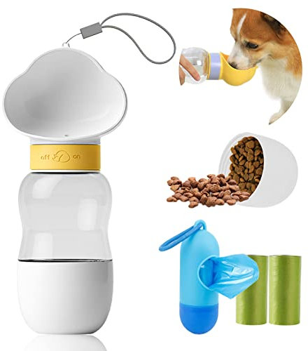 Hund Wasserflasche, Praktischer Hundewasserspender, Lecksichere Puppy Wasserschale, Haustier Wasserflasche mit Hundefutter Behälter, Hundekotbeutel mit Spender zum Gehen, Wandern und Reisen. (weiß)