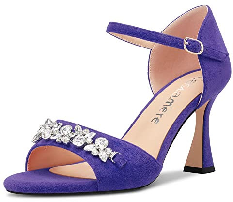 Castamere Mujer Medio Heel Abierta Punta Correa Tobillo Diamante Cristal Sandalias de Boda Baile 8.5 CM Heels Morado Ante 42 EU