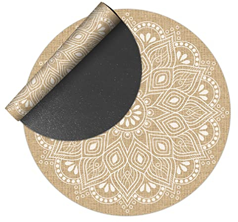 VINILIKO Design | Vinylteppich, rund, glatt, Bedruckt, Mandala, Beige, Durchmesser 100 cm, für drinnen und draußen, rutschfest, wasserdicht, waschbar, Verschiedene Größen, Vinyl-Teppich, Wohnzimmer