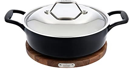 All-Clad Gusseisen, emailliert, tiefe Pfanne mit Akazien-Untersetzer, 25,4 cm, Induktion, Ofen, Grill, sicher, 650 F Töpfe und Pfannen, Kochgeschirr, schwarz