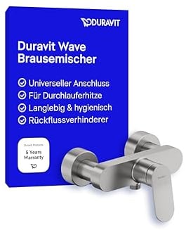 Duravit Wave Duscharmatur Aufputz für 1 Verbraucher, Badewannenarmatur mit Rückflussverhinderer, Einhebel-Brausemischer mit Keramikmischsystem, Edelstahl Gebürstet
