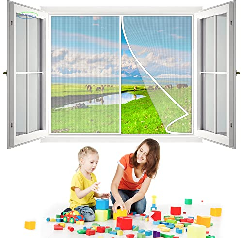 Lamellenvorhang Fliegengitter Insektenschutzvorhang, 95x125 cm ohne Bohren, Insektenschutz Magnetischer Fliegenvorhang für BalkonFenster, Wohnzimmer- Weiß H