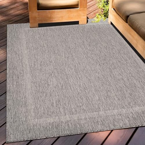 Teppium Outdoor Teppich Wetterfest 200x300 (200 x 290 cm) Grau Sisal Optik - Küchenteppich Waschbar rutschfest, Wasserfest, Bordüre, Pflegeleicht - Ideal für Balkon, Terassen, Garten, Camping, Küche