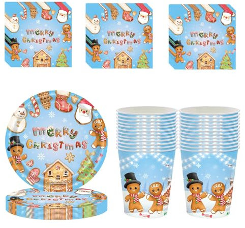 Christmas Party Gingerbread Man Tableware Set Decor,20 Paper Napkins 16 Paper Cups 16 Paper Plates,Blue Disposable Paper Dinnerware Christmas Deco for Him,Her,Adults,Kids Xmas Party Favor Tableware