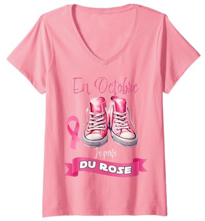 Femme Ruban De Combat Contre Le Cancer Du Sein Octobre Basket Rose T-Shirt avec Col en V