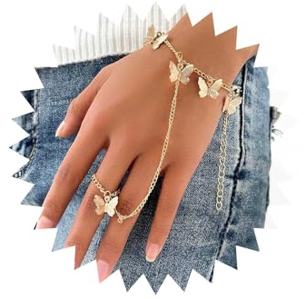Wendalern Boho Schmetterling Ring Handkette Gold - Schmetterlinge Hand Kette Armband - Winziger Schmetterling Finger Ring - Vintage Sklave Hand Harness Schmuck Für Frauen Mädchen