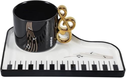 FülleMore Kreative Klavier Kaffeetasse mit Unterteller und Löffel,200ml Keramik Cappuccinotasse Süß Musiknoten Espressotasse Mochatasse Geschenk für Mutter freundin Geburtstag Valentinstag (Schwarz)