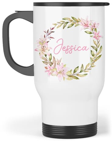 Personalised Travel Mug | Floral Travel Mug | Add Any Name | Custom Travel Cup | Girls Travel Mug With Handle, Travel Mug For Women | Stainless Steel