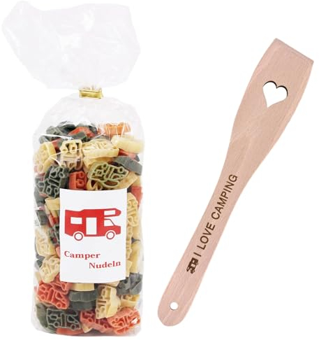 Wohnmobil Geschenk Camper Bunte Nudeln 250g und Pfannenwender Kochlöffel Herz mit Gravur I Love Camping