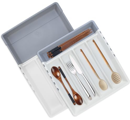 LPAMABA 2 Pcs Range Couverts pour Tiroir Rangement Couvert Extensible et Ajustable avec 5 Compartiments Organisateur Tiroir Cuisine Support Réglable pour l'Argenterie et les Couverts Pour Ustensiles