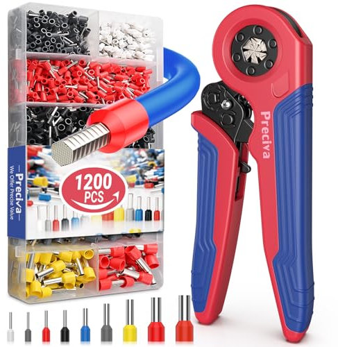 Preciva 0.08-10mm² Pince à Sertir avec 1200pcs Cosses Electrique, Rouge et Bleu Cosses Electrique a Sertir, Auto-Ajustable Hexagone Pince a sertir cosses electrique pour Sertissage de Bornes de Fils