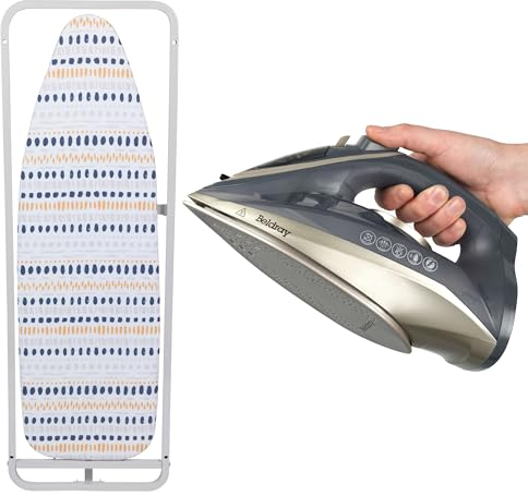 Beldray COMBO-9212 Iron & Overdoor Ironing Board Set – Titanium 2-in-1 Cordless Steam Iron, Ceramic Soleplate, 140g/min Steam Shot, Small Folding Compact Design Board, Hooks Over Door, 110 x 33 cm