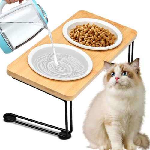 NIKYJM Katzennapf Erhöht 2er Set Futternapf Katze aus Keramik mit Bambusbrett und Metallhalter 15° Gekippte Futterstation Katzen Hundenapf Fressnapf und Wassernapf für Katzen und Kleine Hunde