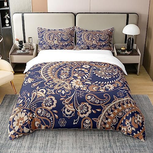 Loussiesd Paisley Bettbezug Set Baumwolle Kinder Boho Paisley Drucken 100% Baumwolle Bettwäsche Set 220x240cm Bohemian Exotic Style Bettwäsche Set für Indian Style Navy Blau Bettwäsche-Set