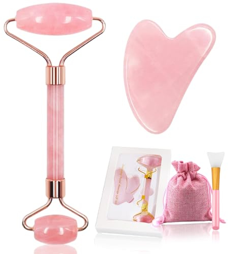EUDUUQ 4 Stück Jade Roller Massage Set,Rosenquarz Gua Sha Stone,Gesichtsroller Beauty Massager,Skin Care Set für Verbessern Sie Schwellungen der Augen,Hautstraffung,Anti-Aging