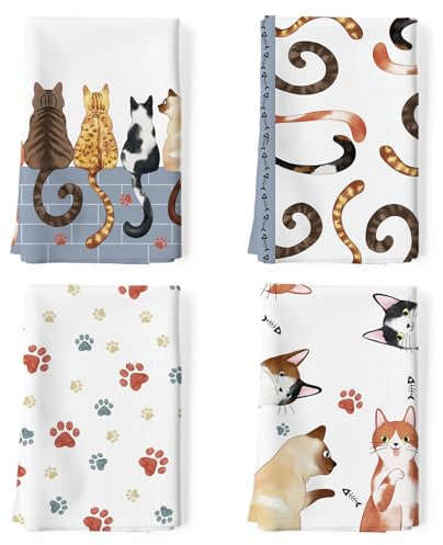 Arquiel Küchentücher Baumwolle 4 Stück, Geschirrtücher 100% Baumwolle Cartoon Katze Küchenhandtuch Set Multi-Purpose Hochwertige Küche Trockentuch Bar Handtücher 48 x 70CM