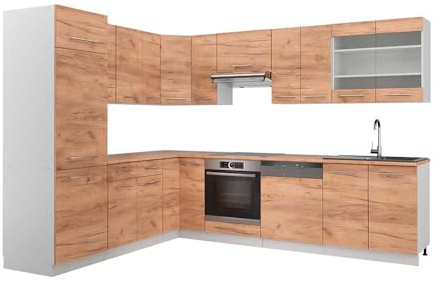 Vicco Eckküche Fame-Line, Goldkraft Eiche/Weiß, 287 x 60 cm, AP Eiche, zur individuellen Küchenplanung und modularer Erweiterung