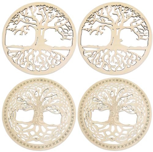 WMUVAZA Sous-Verres, 4 Pièces arbre de la vie Dessous de Verre pour Méditation, Dessous de Verre Bois, sous-Verres en Bois de Bouleau pour Méditation, Maison Décoration, Ornement de Salle à Manger