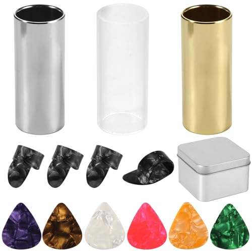 13 Teiliges Gitarren Slide Set, 3 Gitarren Slides 6 Gitarren Picks und 4 Fingerlinge Gitarren Finger Slide Gitarren Zubehör für Gitarristen und Gitarren Anfänger