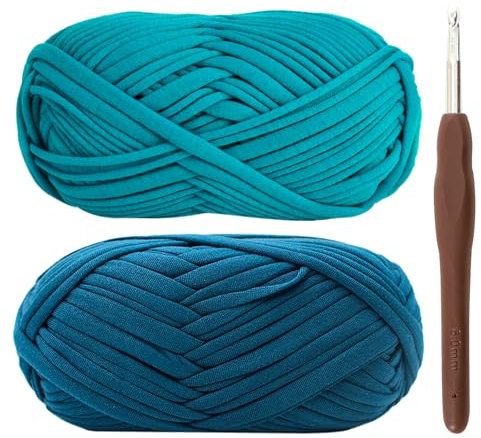 T-Shirt Garn, Bändchengarn zum Häkeln und Stricken Textilgarn 2 x 100g Dickes Polyester-Garn mit einer 6mm-Häkelnadel für Häkeltaschen, Körbe, Teppiche, Heimdekoration und DIY-Kunsthandwerk (blau)