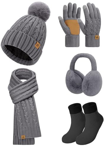 Niwicee Mütze Schal Damen Fleece Gefütterte Wintermütze Winter Wärmer Touchscreen Handschuhe Strickmütze Set Ohrenwärmer Socken 5 Stücke Set Gestrickte Warm Beanie Winter Geschenk (Dunkelgrau)