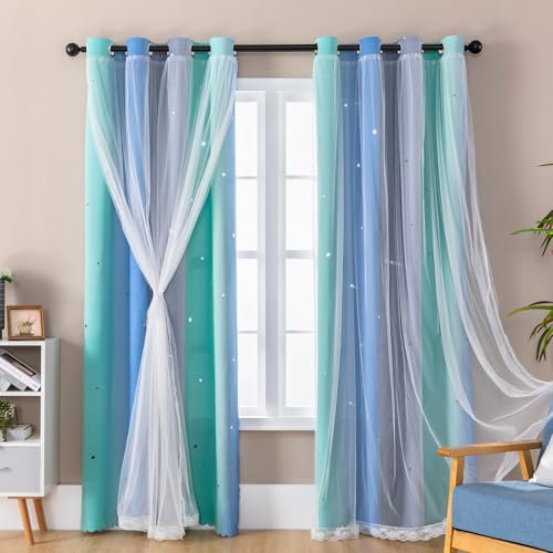 XiDi Blackout Curtains Draperies with Eyelet for Windows Stars Cut Out Curtains for Bedroom Nursery Girls Kids Living Room Rainbow 2 Panels W34xL63 Inch Green Blue Grey Draperies