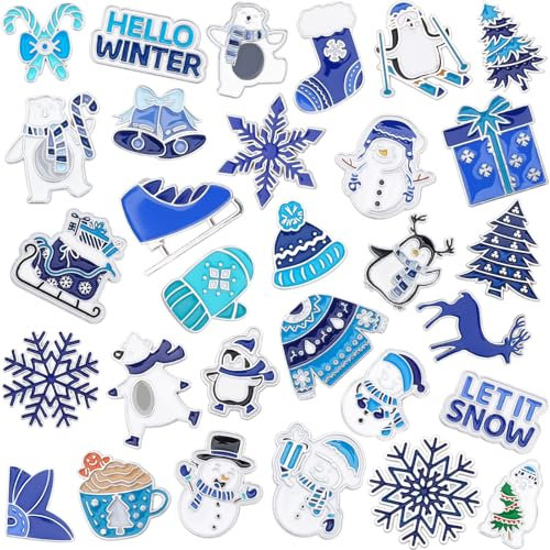 SANNIX 60Pcs Winter Pins, Christmas Winter Enamel Lapel Pins Snowflake Snowman Polar Bear Penguin Brooch Pins Blue White Christmas Holiday Pin Badge for Clothes Bags Hats Accessories Gifts, 30 Styles