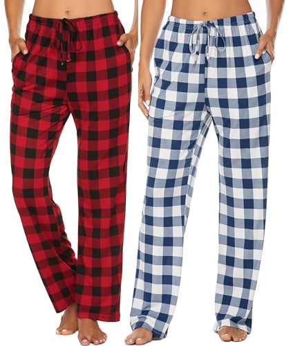 Ekouaer 2er Pyjamahose Damen Lang Schlafhose Karierte Schlafanzughose Freizeithose mit Taschen S