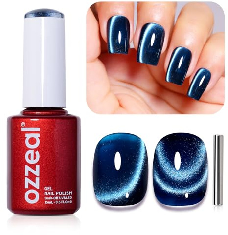 Ozzeal Katzenauge UV Gel Nagellack, Dunkel Blau Magnetischer Cat Eye UV Nagellack Herbst Winter Glitter Holographisch Shimmer Soak Off Led 15ML
