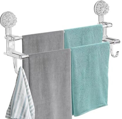 Huayeex Portasciugamani a ventosa, asta rimovibile per tappetino da doccia, barra adesiva per porta doccia, porta asciugamani, in acciaio inox