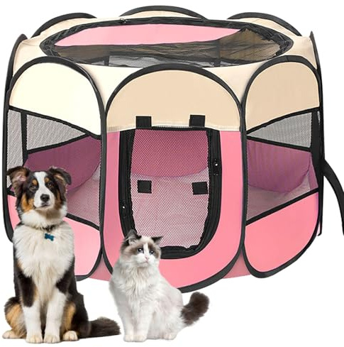Lighterday Tragbarer Welpenauslauf,Welpenlaufstall Hundebox Faltbar Katzengehege,Wasserdichtes Oxford-Tuch Laufstall Hund,Katzenkäfig Hundekäfig für Katzen,Hunde,Kaninchen (Rosa, L, 8)