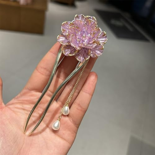 qbodp Haarstab In U Form Mit Blume Für Dutt, Baumelnde Quaste Dekorative Haarstäbchen Elegante Haarnadeln Haarschmuck Für Dickes Haar, Lila