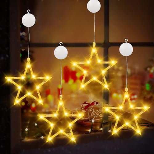 Luci di Natale,4 Pezzi Luci di Natale Decorazioni Stelle,Tenda Luminosa con Stelle,Luci per Finestre con Decorazioni Natalizie,Led Stelle di Natale,Led Luci Natale Decorazione,con Decorare Natale