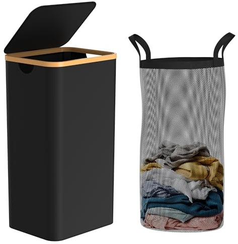Cesto portabiancheria sottile con coperchio, 75 l, nero stretto cesto portabiancheria con borsa rimovibile, elegante cesto per vestiti sporchi per bagno, dormitorio, camera da letto e lavanderia