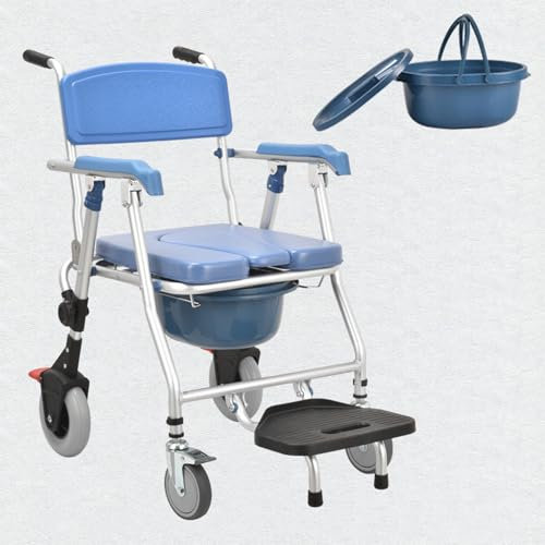 Toilettenstuhl für Senioren mit Rollen, 3 In 1 Klappbar Duschstuhl mit Rollen, Multifunktionaler Toilettenstuhl mit Armlehnen und Bremsen, Tragfähigkeit 150kg, Blau