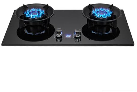 Portable Gas Stove 2 Burners 4.5kW, Timer (Double-Sided Independent), Black Tempered Glass Cast Iron Pot Holder, with Flameout Protection(LPG)