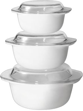 Reldor 3 Pcs Glass Casserole Dishes with Lids, Freezer, Microwave & Dishwasher Safe, Casserole Dish Set with Carry Handles, Break Resistant, Serving Dishes (1 + 1.5 + 2.5 Ltr), Plain White