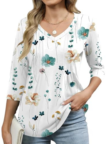IECCP Summer Tops for Women 3/4 Sleeve V Neck T-Shirt Ladies Pleated Floral Printed Tunic Blouse Dressy Elegant Casual Shirts 2025(White Blue Floral,XL)