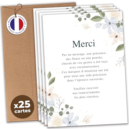 aliceandberry Cartes Remerciement Deuil Décès Obsèques Enterrement - Lot 25/50/75 + Enveloppes - Papier 400g - Design Sobre Élégant Fleurs Bougie Étoile - Marque Française (Lot de 25, Fleurs)