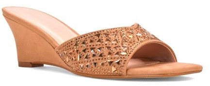 ESSEX GLAM Women's Wedge Heel Sandals Ladies Beige Jewel Diamante Square Peep Toe Party Heeled Mule Shoes Size 8