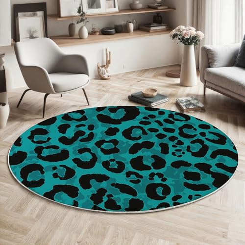 MLSOWM Runder Teppich Türkis 80cm Kurzflor Teppich Weich Waschbar Leopardenmuster Stuhlkissen Rund Pflegeleicht und Wetterbeständig für Wohnzimmer, Schlafzimmer, Büro